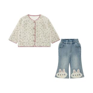 韩版女童碎花羊羔毛外套冬季加厚保暖立体兔子牛仔裤洋气周岁套装
