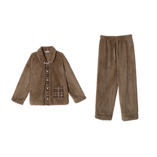 朵朵可可睡衣男2025秋冬新款简约翻领拼接格子珊瑚绒加厚家居服