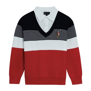 POLOWALK童装男童假两件毛衣2026早春新款中大童长袖针织衫百搭潮