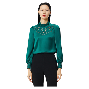 SUSSI/古色春季商场同款深绿色镂空绣花立领长袖通勤衬衫上衣女