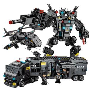 特警变形机器人积木战舰模型男孩子益智拼装警察汽车玩具儿童礼物