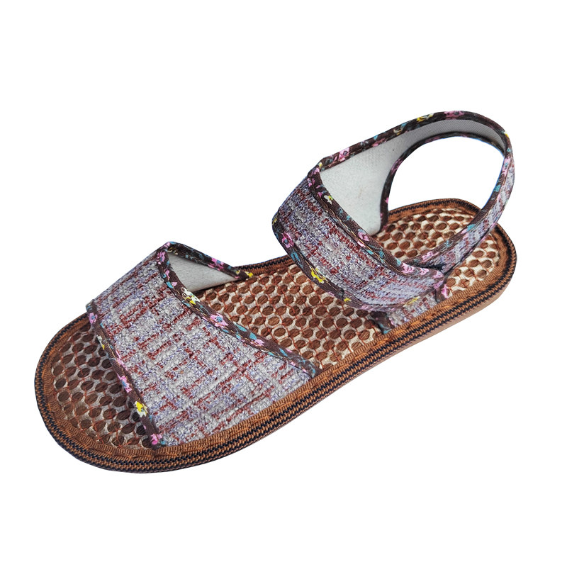 女士新款棕丝鞋日常魔术贴老年款夏季平底上线休闲吸汗鱼嘴一脚蹬