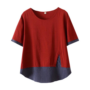 夏天妈妈装大码宽松女装假两件短袖拼接条纹小衫中老年婆婆T恤潮
