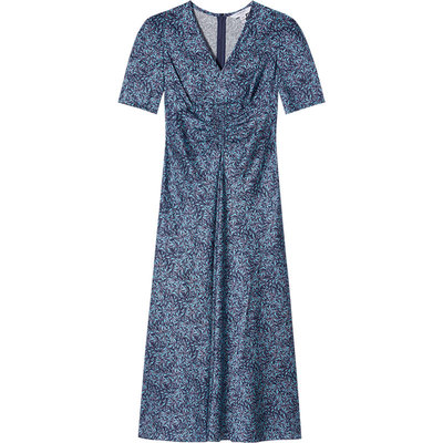 LK BENNETT深蓝色印花真丝连衣裙2025年夏新款V领收腰法式复古优