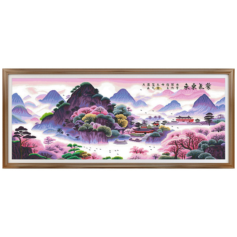 十字绣水紫气东来大格满绣桃花园