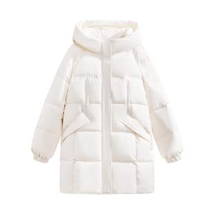 班尼路白色棉服女款冬季新款加厚保暖连帽棉衣外套宽松休闲棉袄N