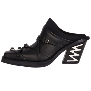 NOOWA萝瓦设计师款2025秋季新款真皮异型粗高跟外穿包头半拖鞋女