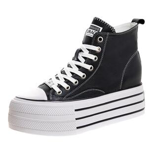 厚底真皮内增高女鞋8cm百搭牛皮小白鞋松糕休闲拉链显瘦高帮短靴