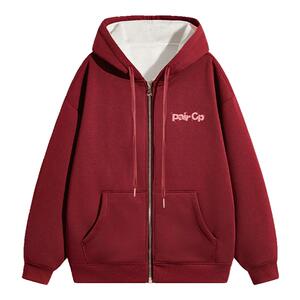 班尼路卫衣女宽松保暖秋季潮款双面印花开衫拉链仿羊羔绒连帽外套