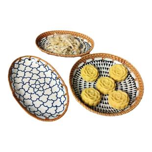 藤编陶瓷拼接小吃点心托盘茶碟盘日式水果零食盘中小号收纳果篮子