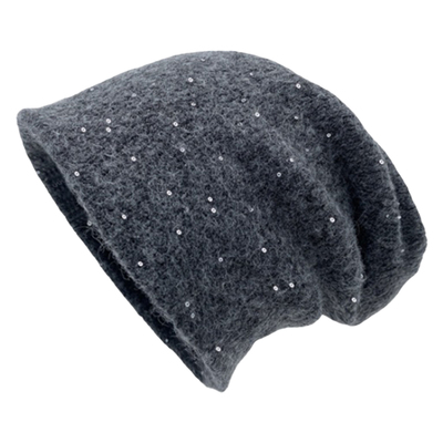 大头围包头毛线帽亮片灰色堆堆帽