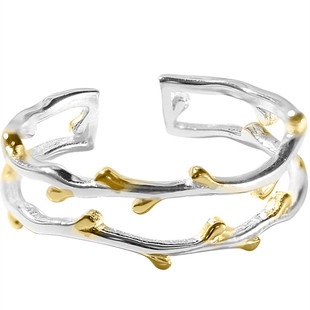 新叶可爱树枝金色叶子S925纯银发芽戒指活口可调节学生女