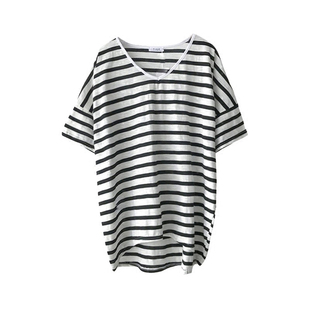 显脖子长 经典蓝白条纹纯棉T恤女宽松百搭日系文艺海魂衫