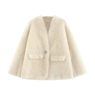 【豫美】高级西班牙进口原毛拉贡 皮毛一体V领廓形皮草外套-56844