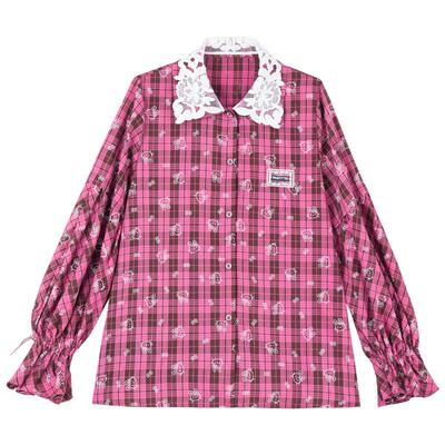 KEIKO复古红格蕾丝灯笼袖衬衫