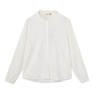 布景衬衫女春季简约条纹荷叶小立领褶皱设计感纯色长袖衬衣3777