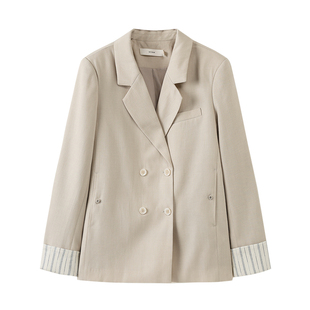 西町村屋条纹翻边袖西装2026春新款休闲舒适中长款外套XHBA10750