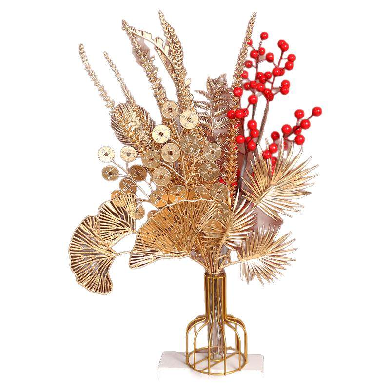 金色年宵花单支银杏扇叶新年福桶插花家居客厅创意花环编织壁挂