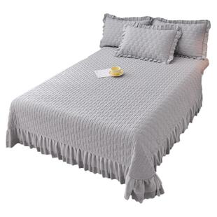 纯色a类水洗棉麻床盖单件带裙边夹棉绗缝床单榻榻米床铺盖四季款