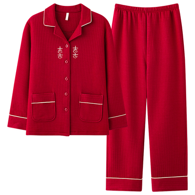 恒源祥新婚睡衣女红色结婚家居服套装男本命年纯棉三层夹棉冬加厚