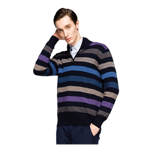 圣雪绒2018秋冬新款纯羊绒衫男半高领拉链条纹拼色套衫