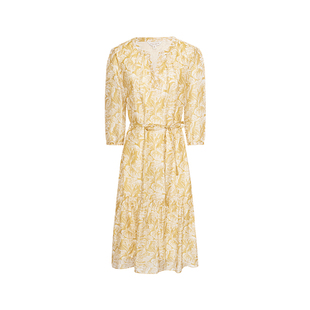 【花漾】JESSIE2026年秋季新款假日风印花连衣裙7分袖V领系带收腰