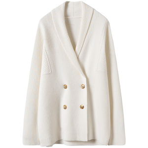 优雅女神！美出天际！白色廓形双排扣纯羊绒开衫女外套毛衣