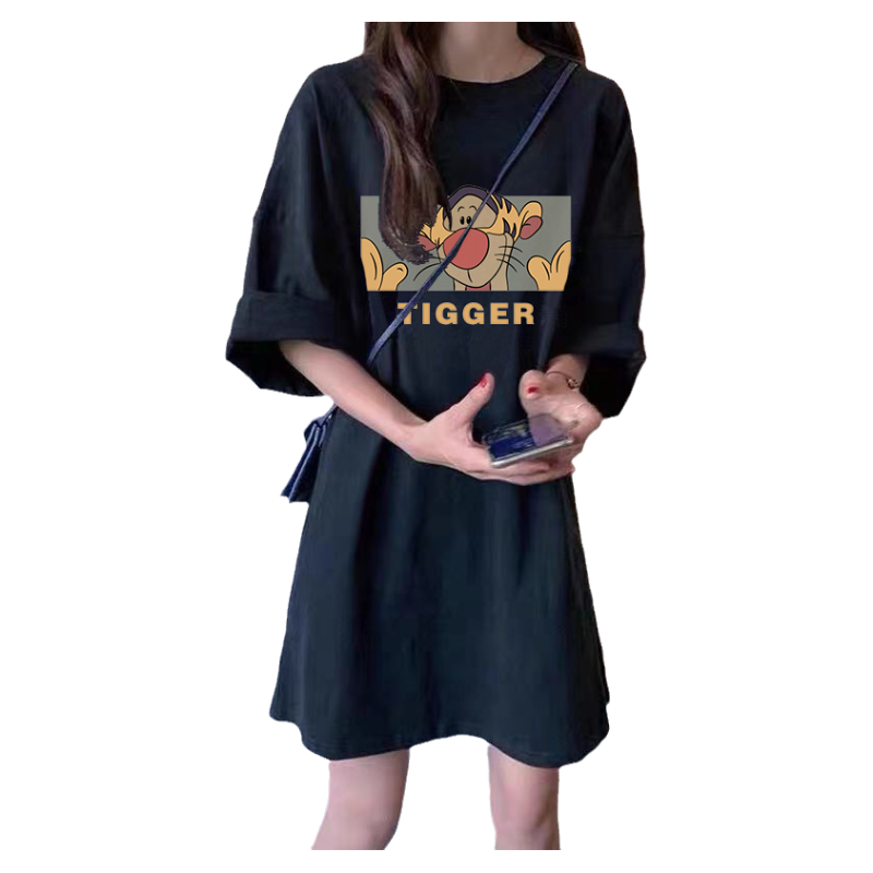 黑色短袖t恤女新款夏季韓版寬松中長(zhǎng)款體恤連衣裙純棉上衣ins潮T