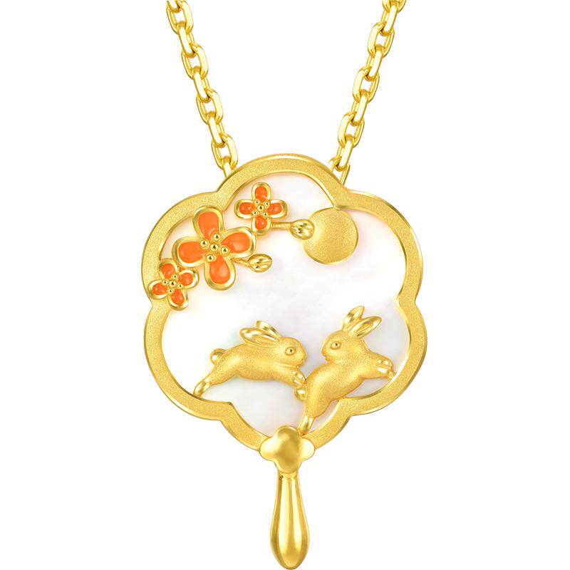 周生生团扇黄金吊坠桂花玉兔