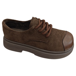 复古英伦风厚底系带小皮鞋女2025秋季新款绒面拼接乐福鞋勃肯单鞋