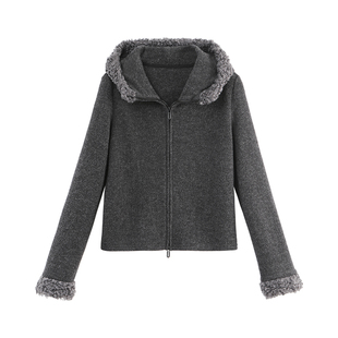 【商场同款】X--MOOM2025冬季新款修身显瘦毛毛拼接连帽开衫外套