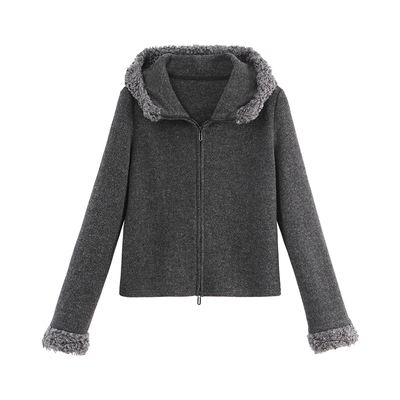 袖口帽边拼毛毛拉链外套