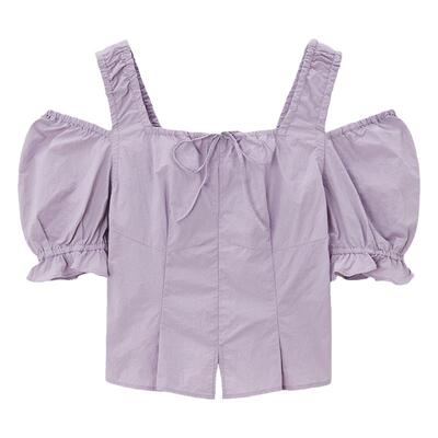 SLY 春季法式少女感可爱泡泡袖露肩衬衫女030HAY30-0781