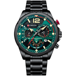 正品立体数字大表盘手表CURREN男士时尚大气多指针钢链表军绿色