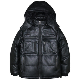 头层牛皮真皮皮衣男修身脱卸帽青年休闲加厚羽绒防寒服夹克外套茅