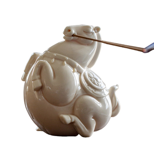 觅白瓷马上来财香插茶室摆件大茶宠盖置工艺品香器招财茶道生肖礼