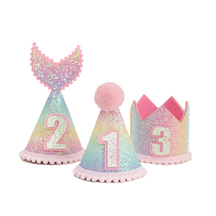 PanParty/ins儿童生日帽皇冠女宝美人鱼主题彩虹生日周岁装饰道具