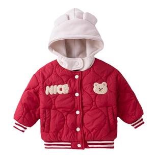 宝宝加厚外套秋冬儿童卡通棒球服冬季厚款男童连帽衫冬装女童衣服