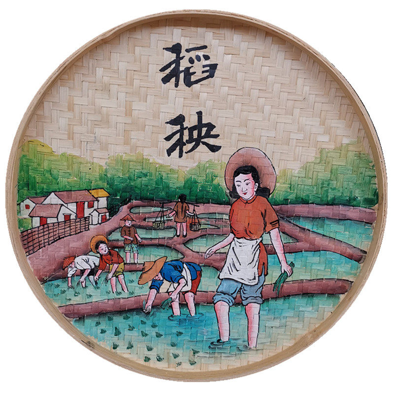 手绘簸箕画乡村振兴墙面装饰