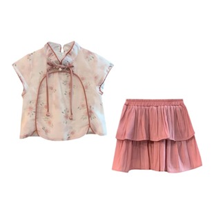 女童套装夏季2025新款儿童薄中小童女宝宝古风洋气百褶裙两件套潮