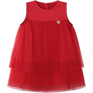 英氏女童连衣裙春秋长袖喜庆拜年服新年过年红色周岁裙子