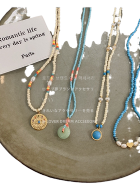 法式串珠中古蓝色石头串珠锁骨链