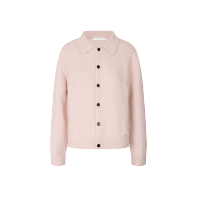 休闲宽松粉色翻领针织开衫外套