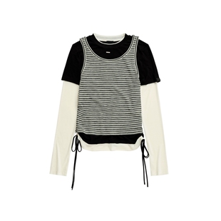 VVNK JANE PLUS2026秋季新款拼接假两件条纹T恤女J634052319A