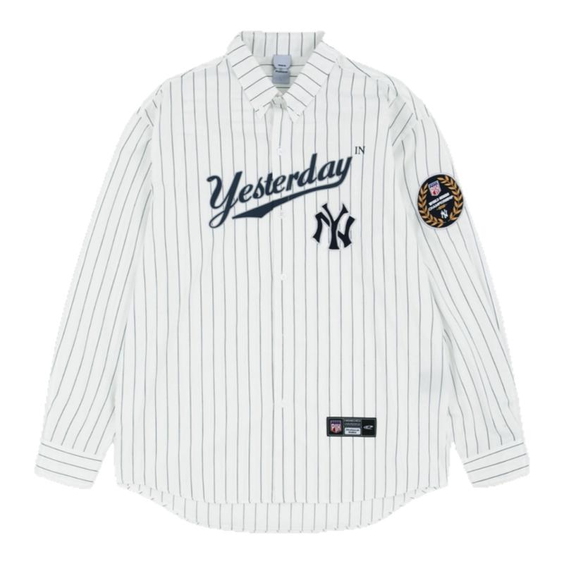 Protocol Index 25fw 条纹复古标语徽章刺绣棒球衬衫韩 ProjectGR