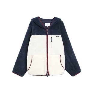 TurnSignal时尚拼接仿羊羔毛外套女秋冬休闲宽松加厚保暖连帽外套