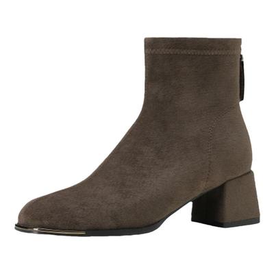 达芙妮绒面高跟短靴女方头瘦瘦靴