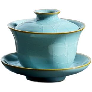 哥窑盖碗茶学堂水蓝天青陶瓷防烫泡茶碗开片可养景德镇功夫茶具