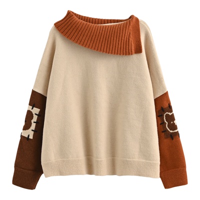 森女部落设计感复古翻领棕色针织衫女2026新款萌趣宽松套头毛衣冬