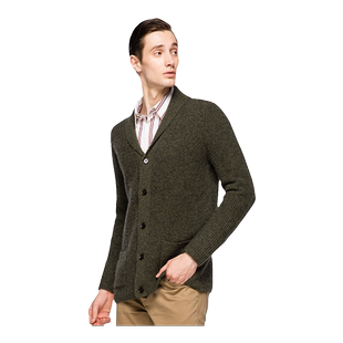 圣雪绒100%山羊绒男青果领复古元宝针加厚宽松休闲针织开衫